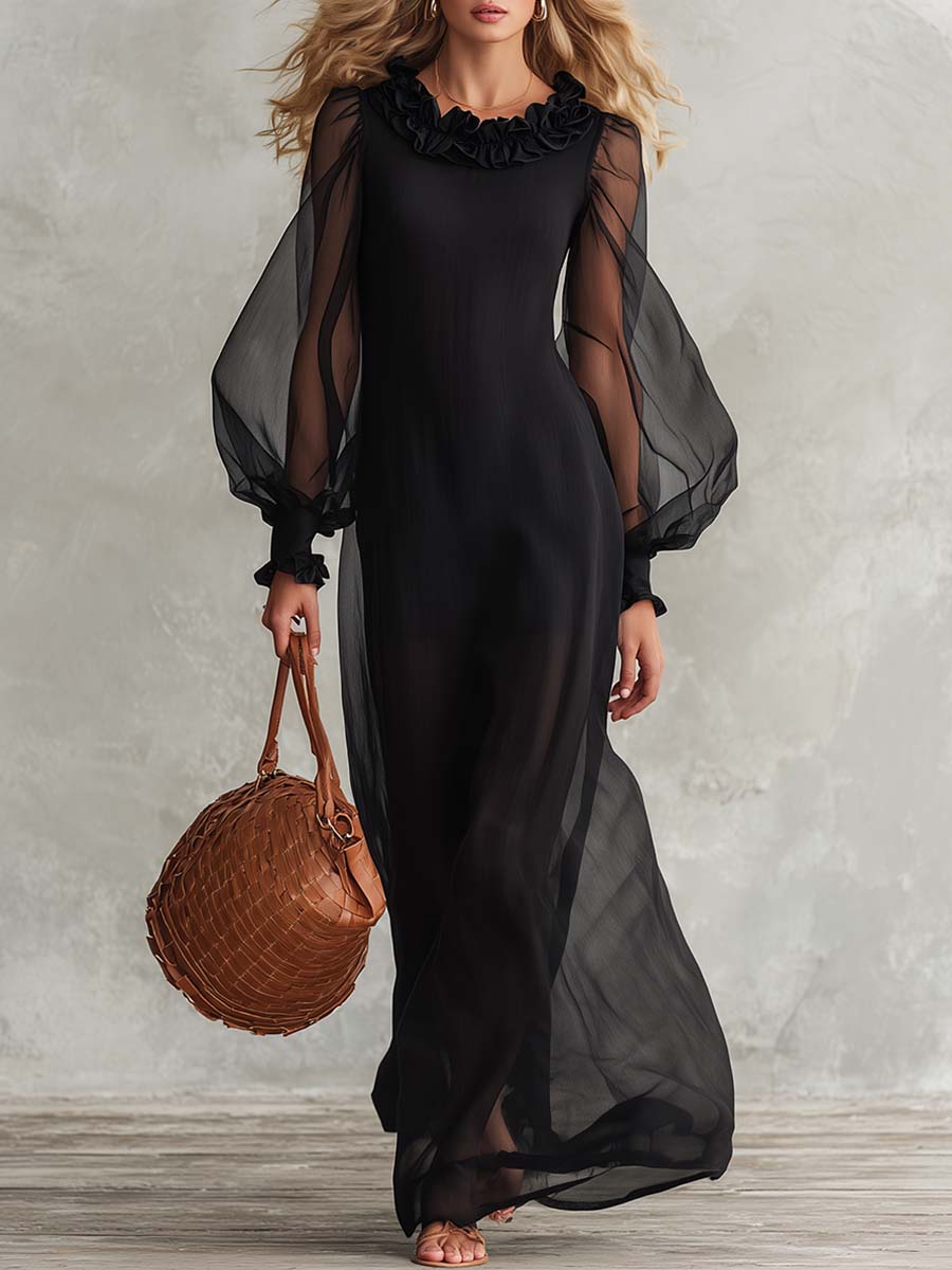 Elegant Black Sheer Mesh Ruffle-Neck Long-Sleeve Cotton-Lined Maxi Dress