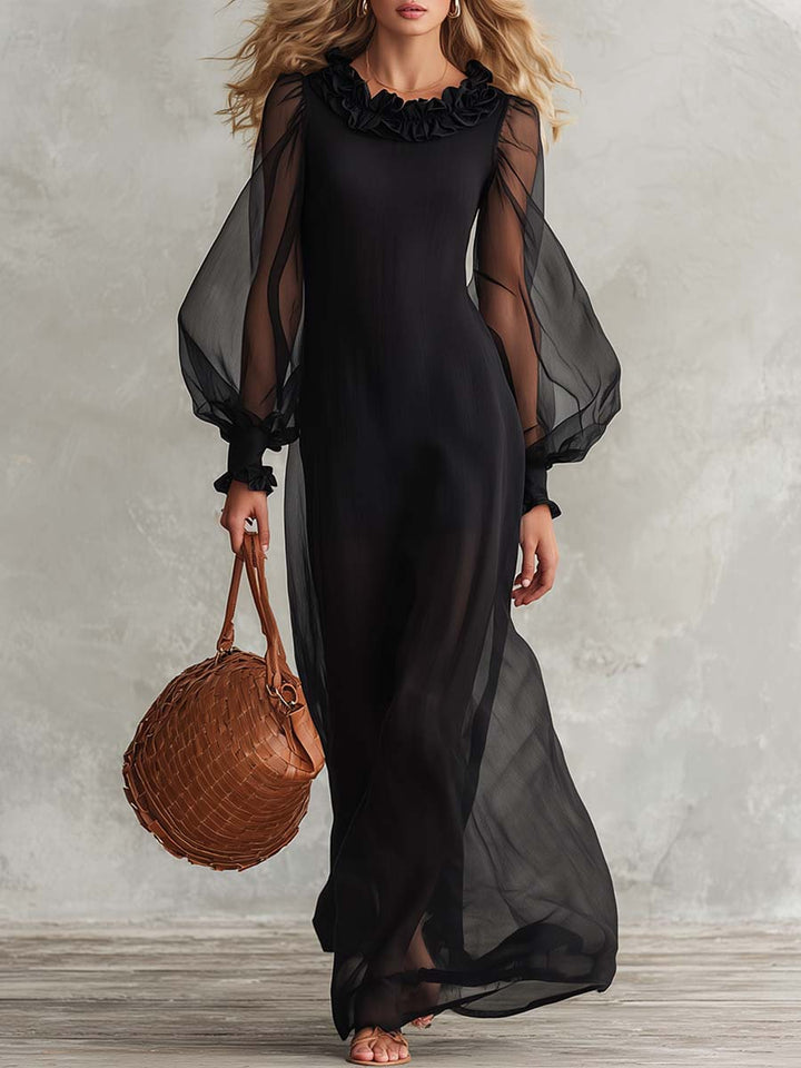 Elegant Black Sheer Mesh Ruffle-Neck Long-Sleeve Cotton-Lined Maxi Dress