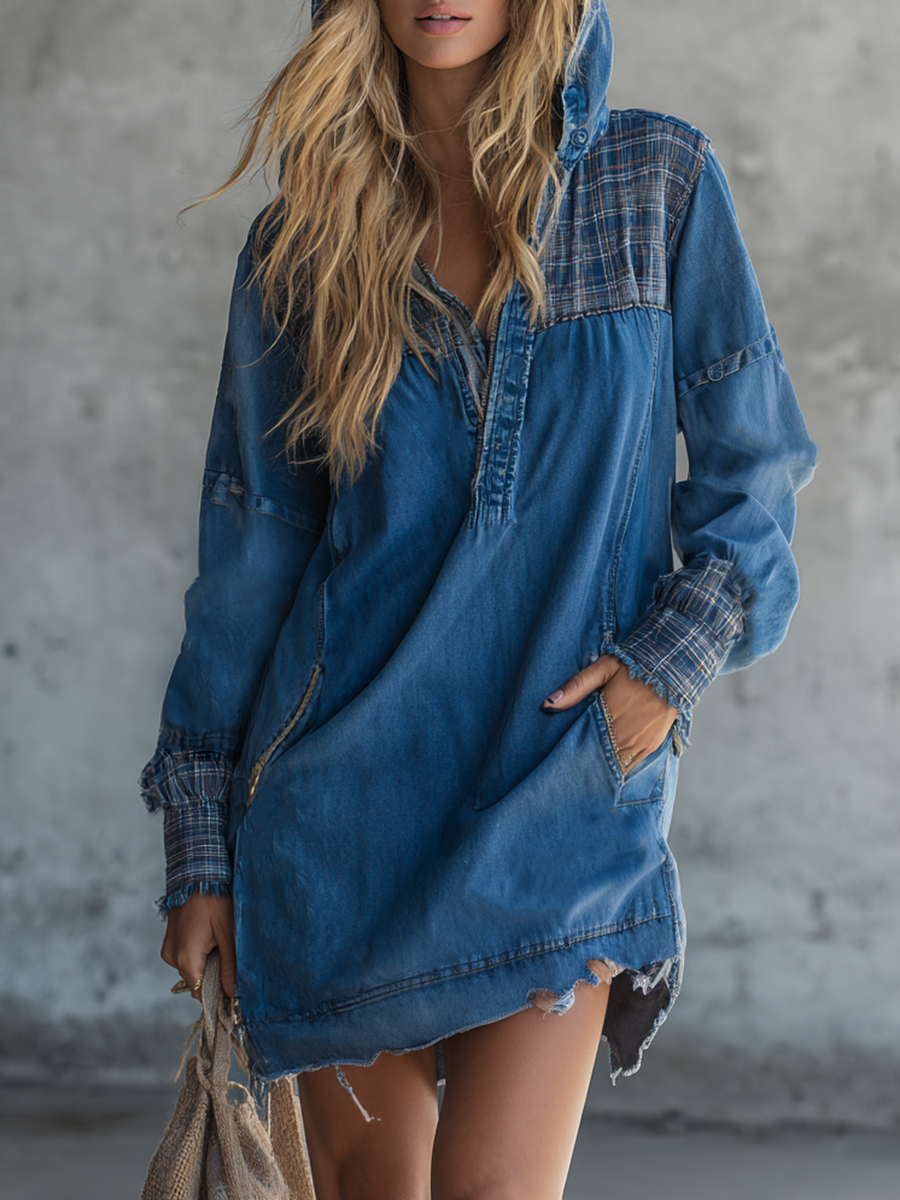 Hooded Plaid Denim Dress