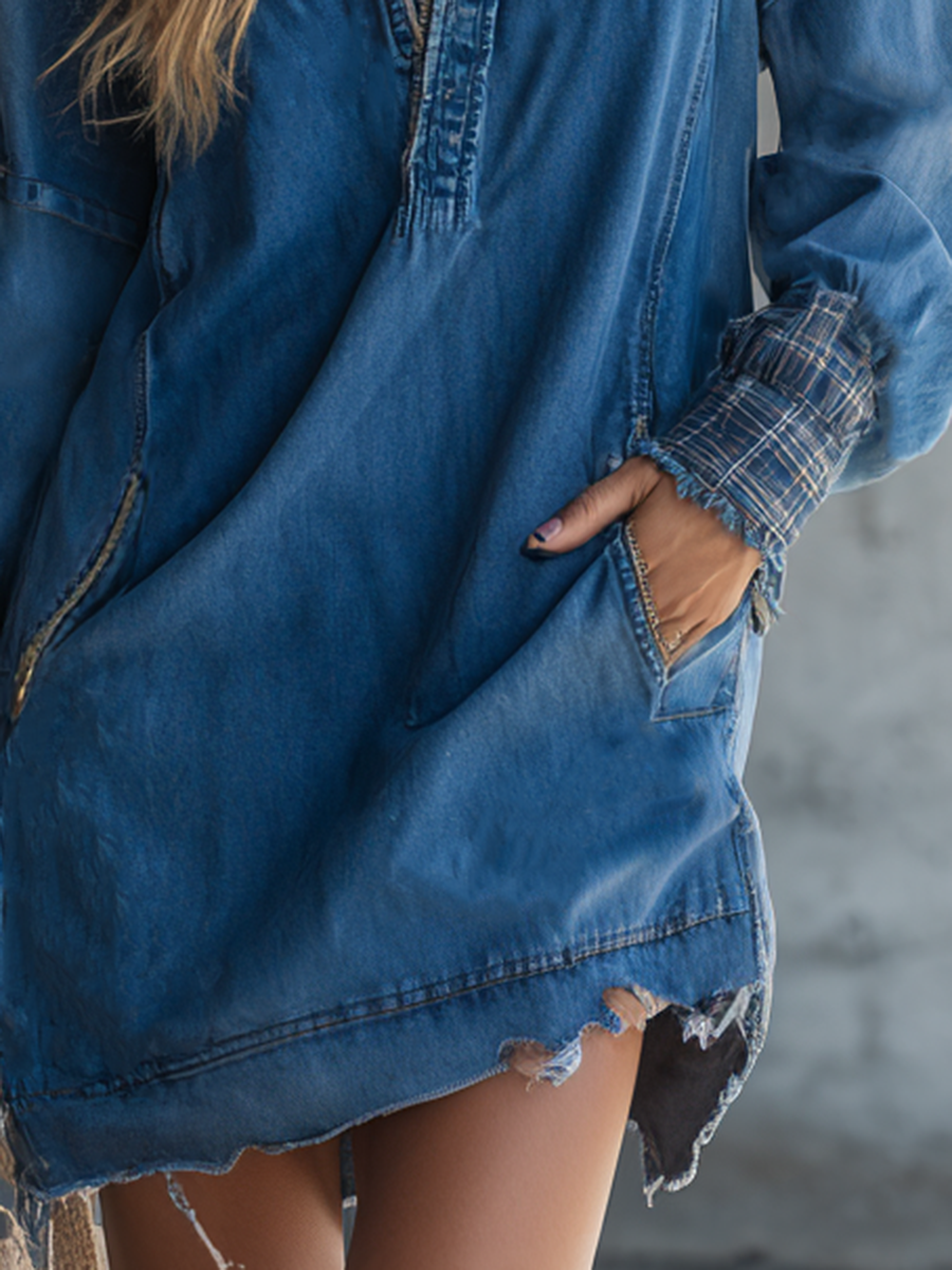 Hooded Plaid Denim Dress