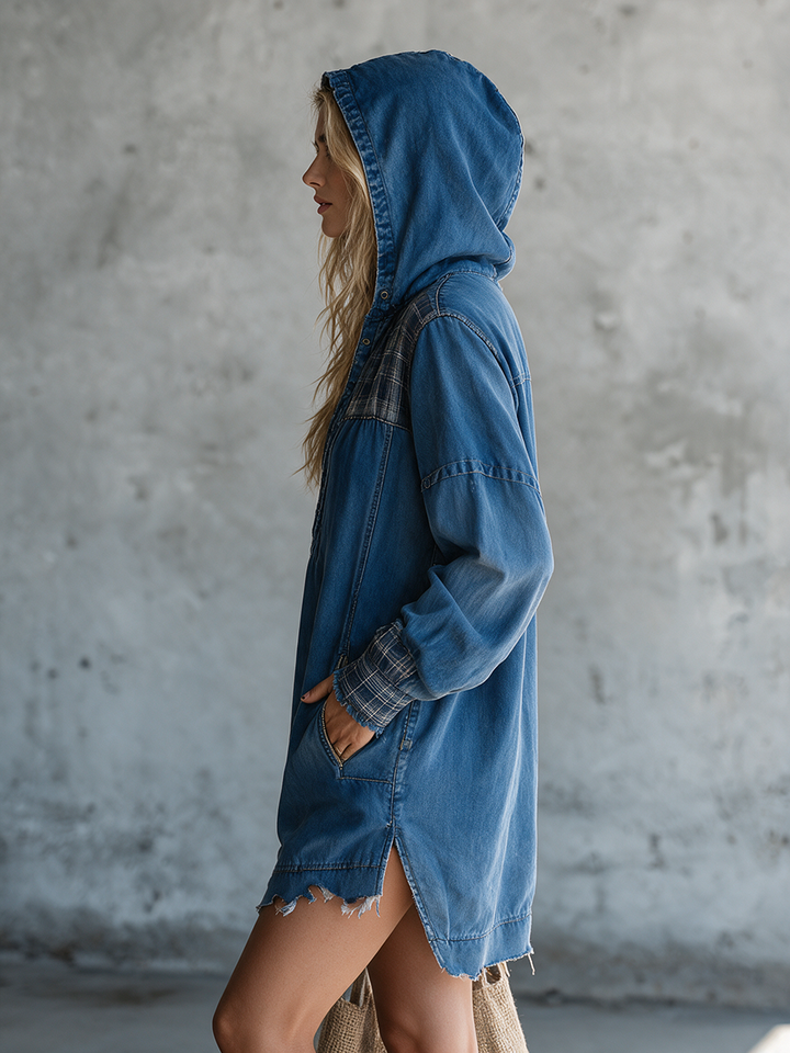 Hooded Plaid Denim Dress