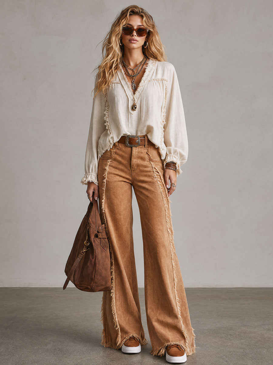 Frayed Off-White Long-Sleeve Shirt