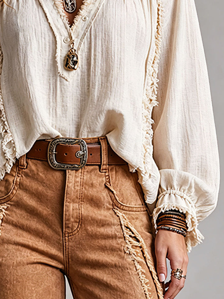 Frayed Off-White Long-Sleeve Shirt