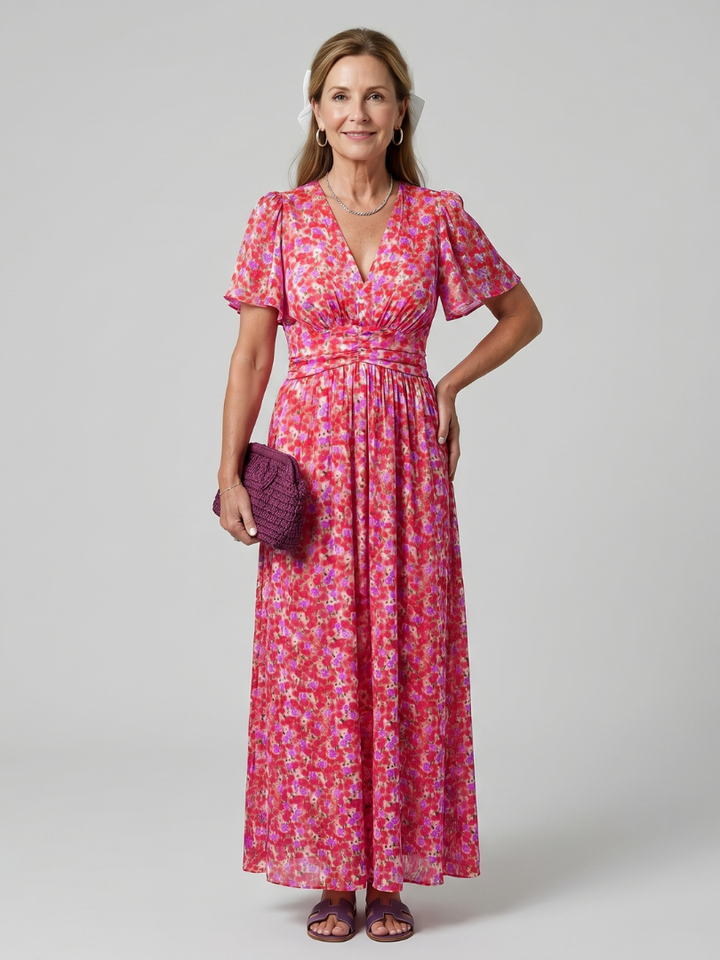 Cynthia™ | Short Sleeve Ditsy Floral Print Midi Dress
