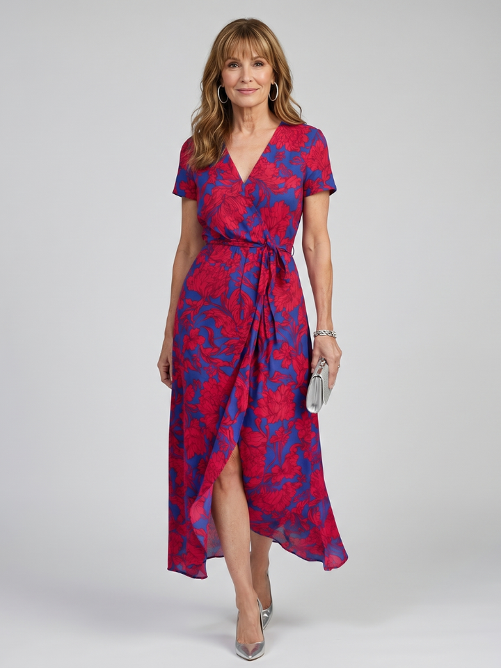 Priya™ | Short Sleeve Floral Wrap Midi Dress