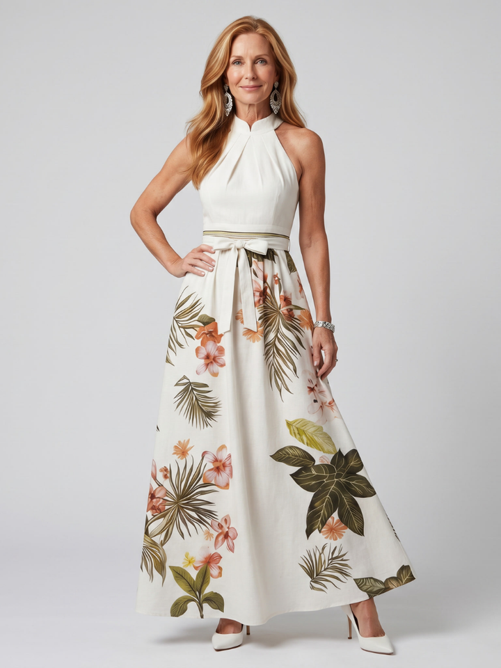 Meadow™ | Draped Halter Botanical Panel Maxi Dress