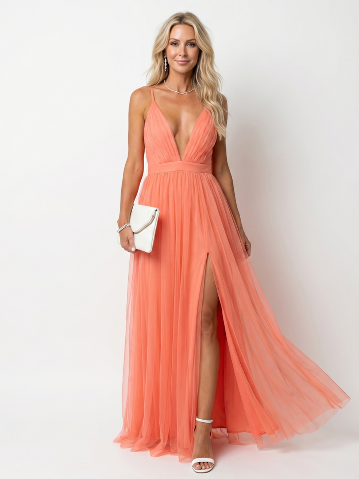 Tia™ | Deep V Strap Pleated Maxi Dress