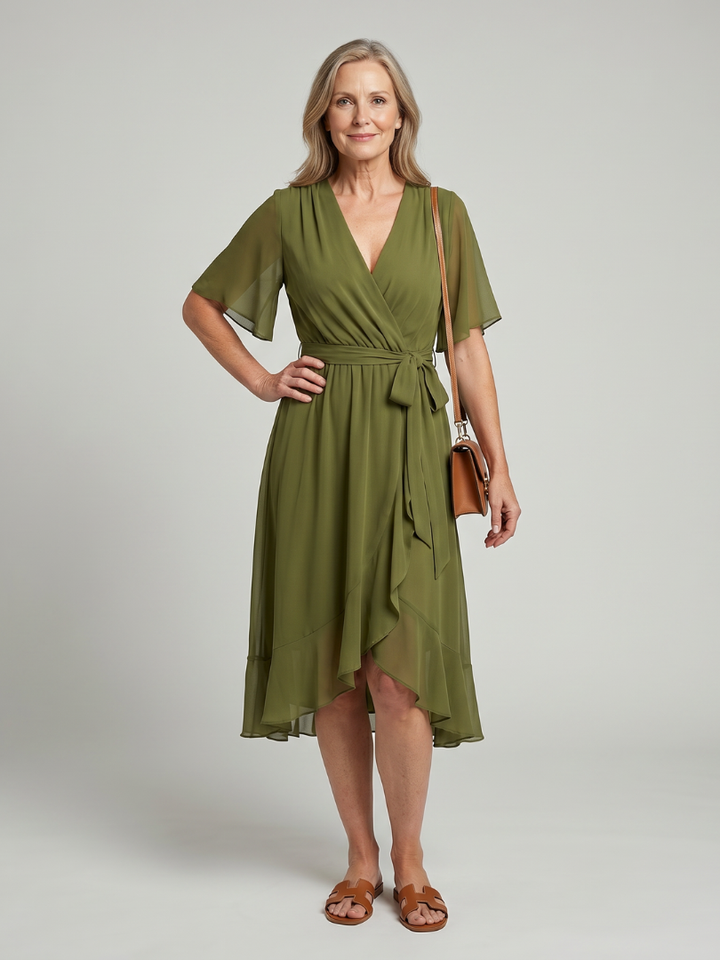 Keziah™ | Short Sleeve Wrap Soft Flowing Hem Midi Dress