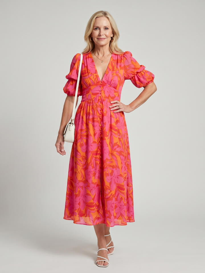 Zarelle™ | Puff Sleeve V Neck Bold Floral Print Midi Dress