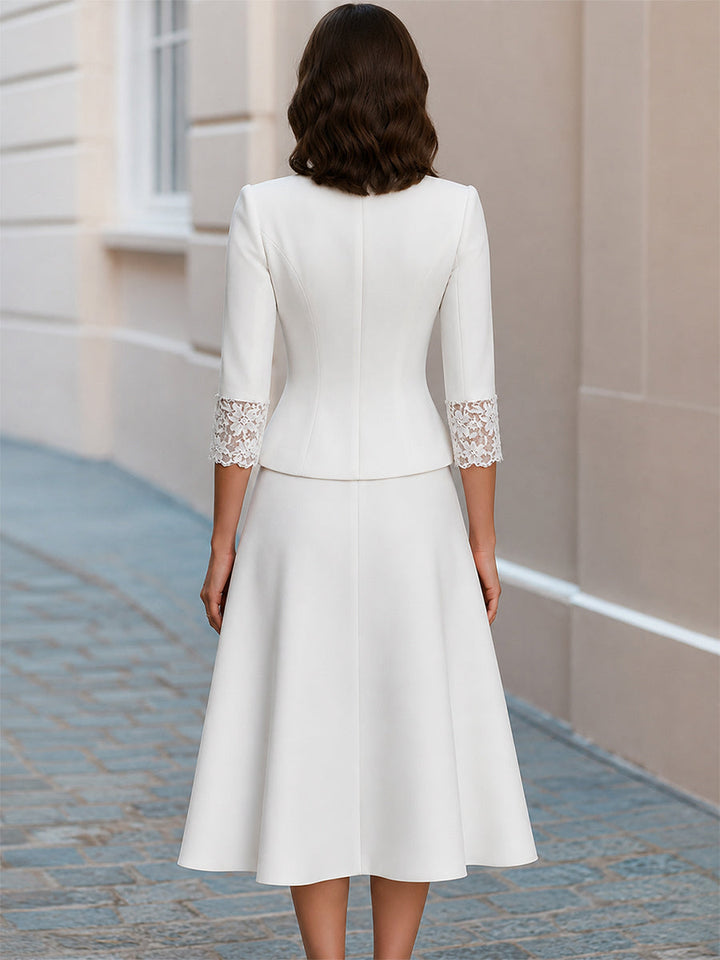 Lace Trim V-Neck Pearl Button  Blazer &amp; Flared Midi Skirt Two-Piece Suit