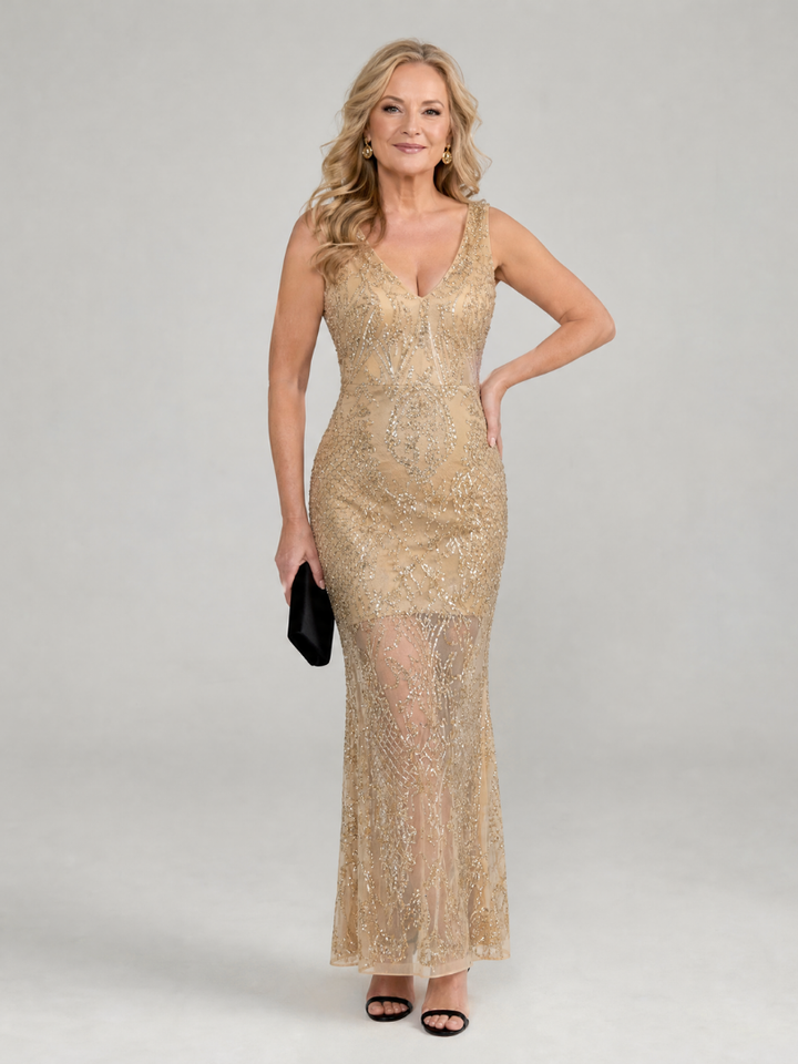 Sirea™ | Sequin Sleeveless Sheer Panel Midi Dress