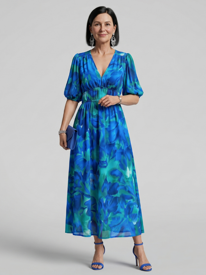 Candlia™ | Puff Sleeve V Neck Abstract Print Midi Dress