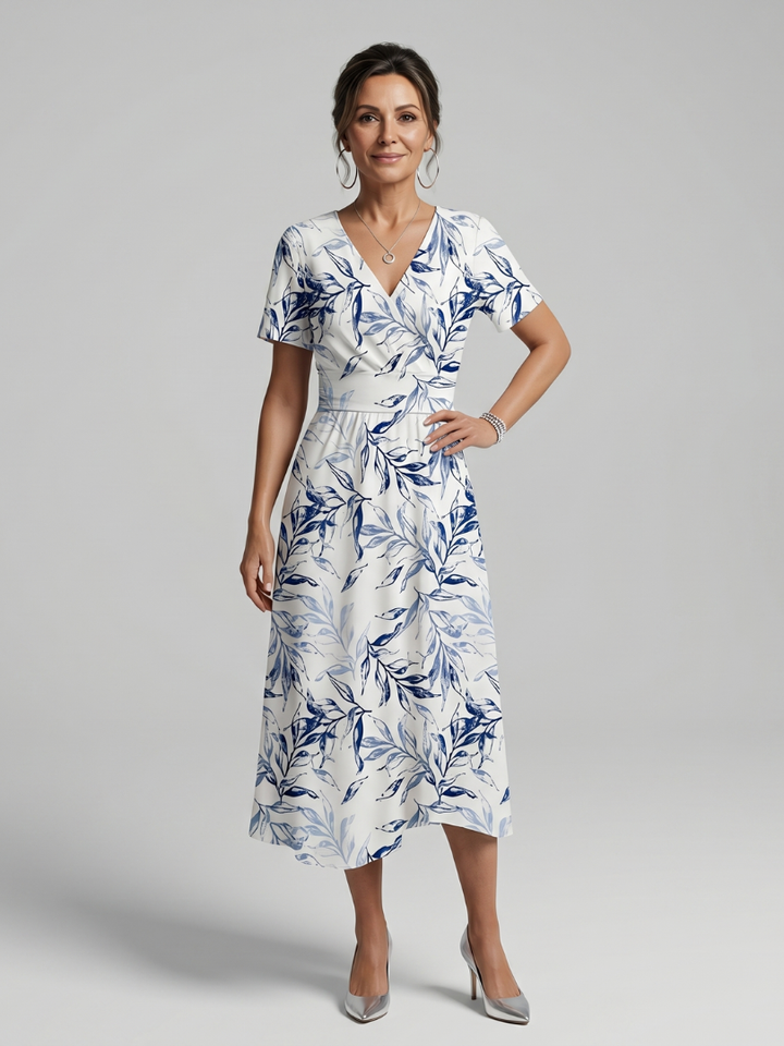 Kael™ | V Neck Soft Botanical Print Midi Dress