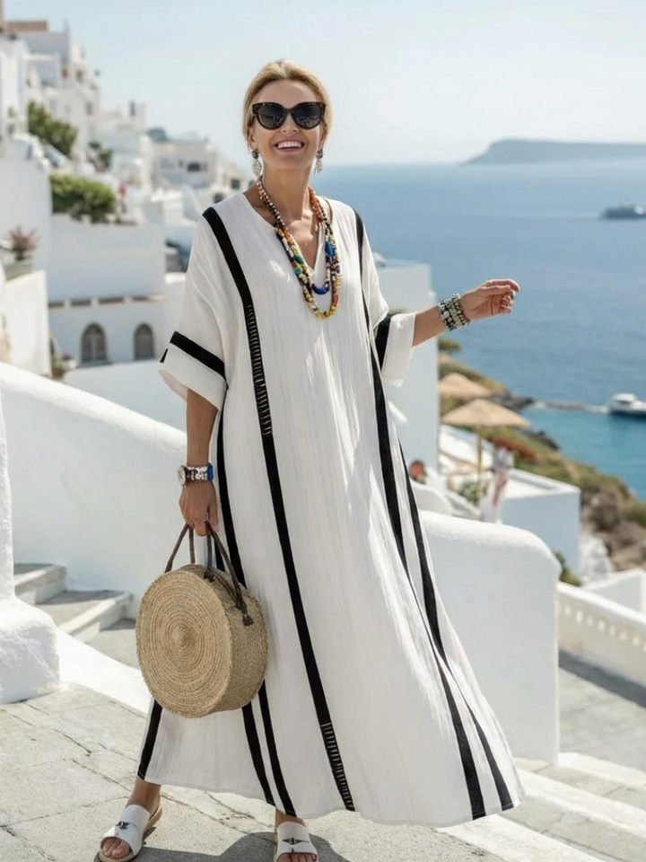 Elvienne™ | Short Sleeve Color Block Striped Maxi Dress