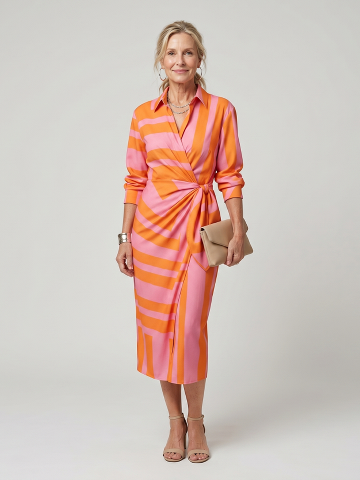 Leya™ | Long Sleeve Collared Wrap Stripe Pattern Midi Dress