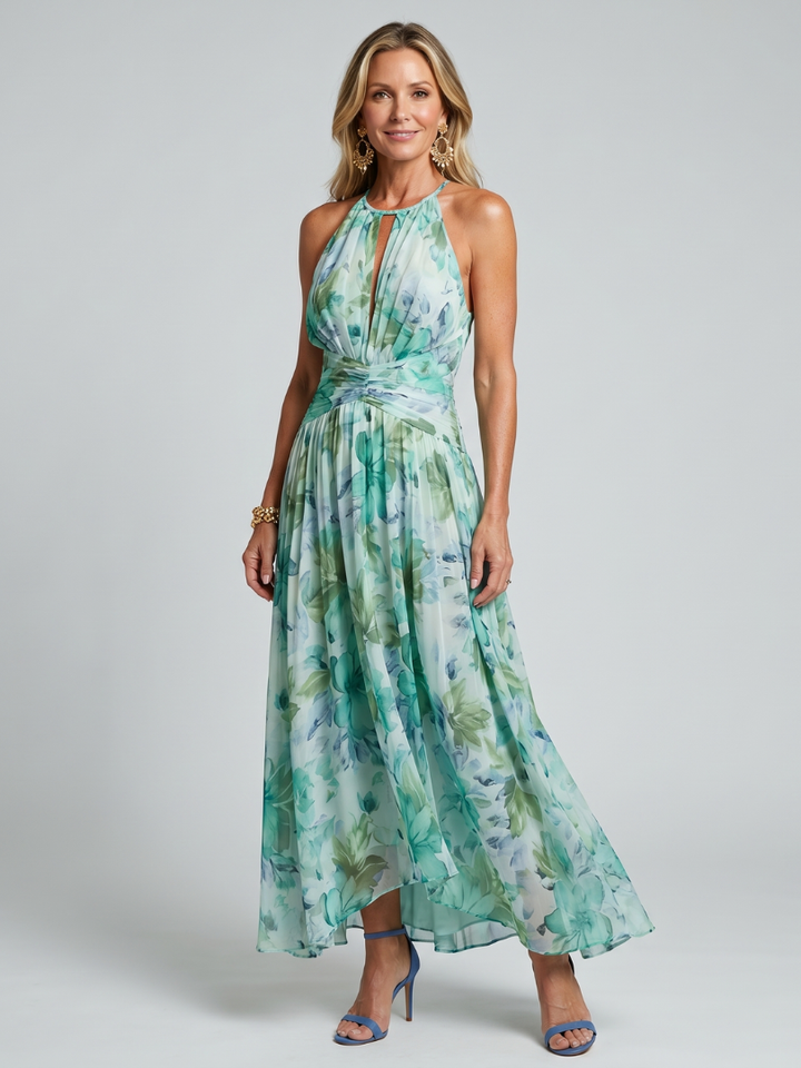 Portia™ | Pleated Halter Soft Floral Pattern Midi Dress