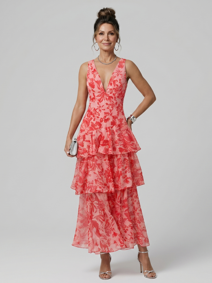 Gala™ | Deep V Sleeveless Painterly Pattern Midi Dress