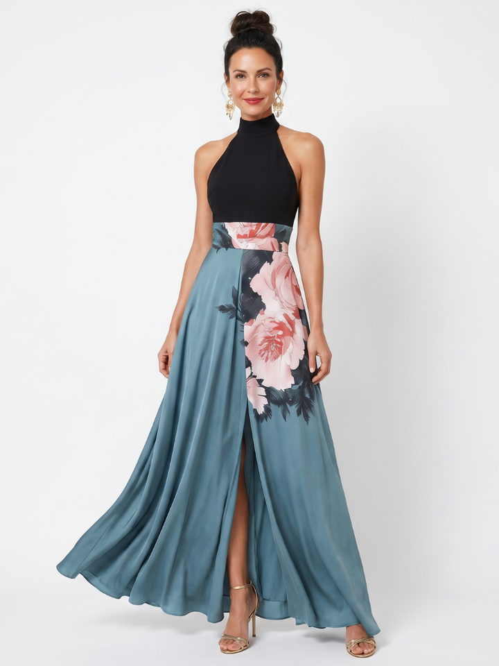 Olympas™ | Halter Bodice Floral Skirt Maxi Dress