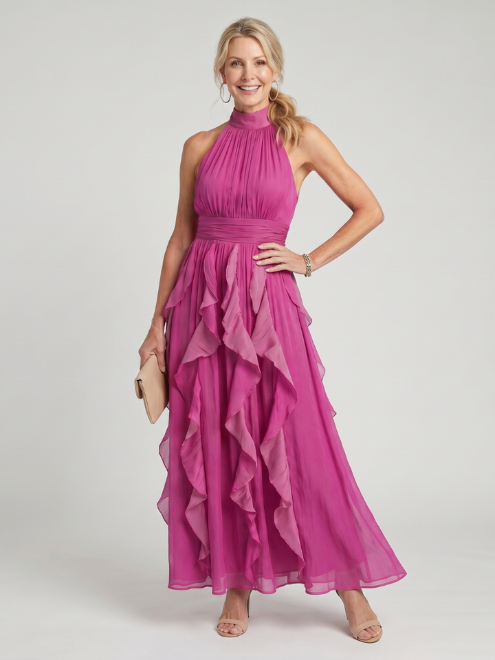 Orea™ | High Neck Gathered Ruffle Layers Maxi Dress