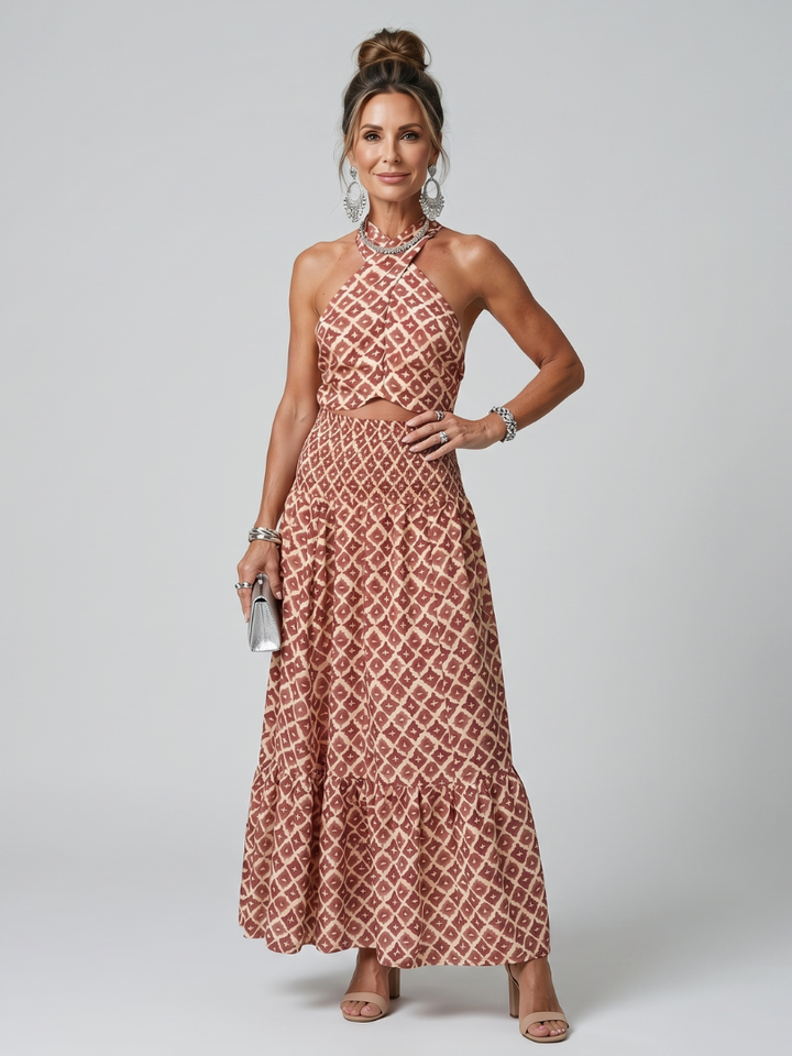Amira™ | Cross Halter Geometric Print Cutout Midi Dress