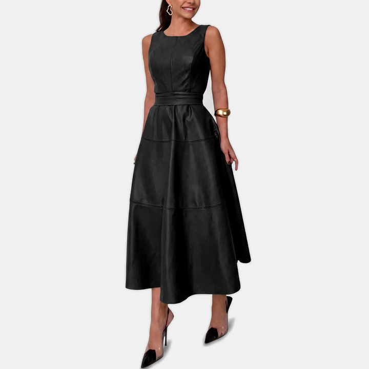 Faux Leather Belted Midi Dress