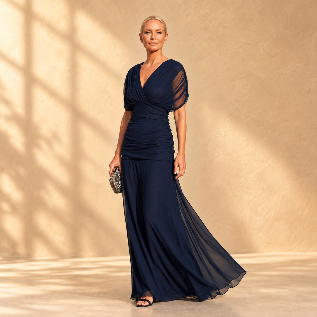 Avery™ | Deep blue maxi dress with draped sleeves