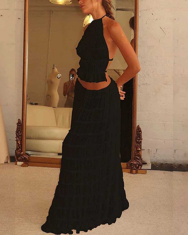 Open Back Hanging Neck Strap Pleated Lace Lace Lace Vest Long Skirt Set