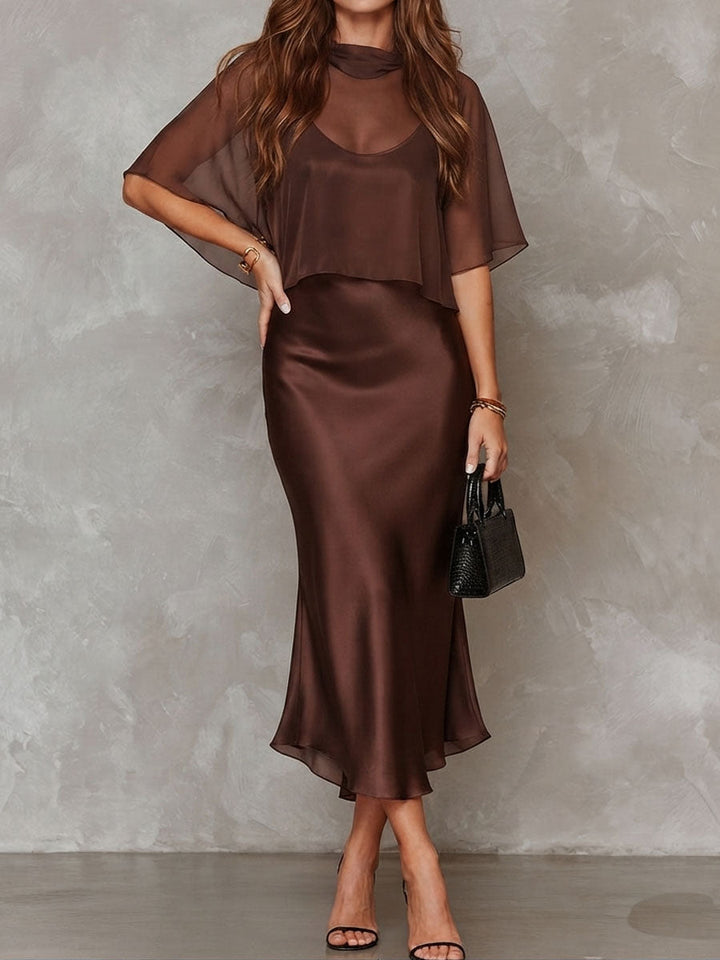 Retro Elegant Chocolate Brown Sheer Chiffon Overlay &amp; Satin Midi Dress Set