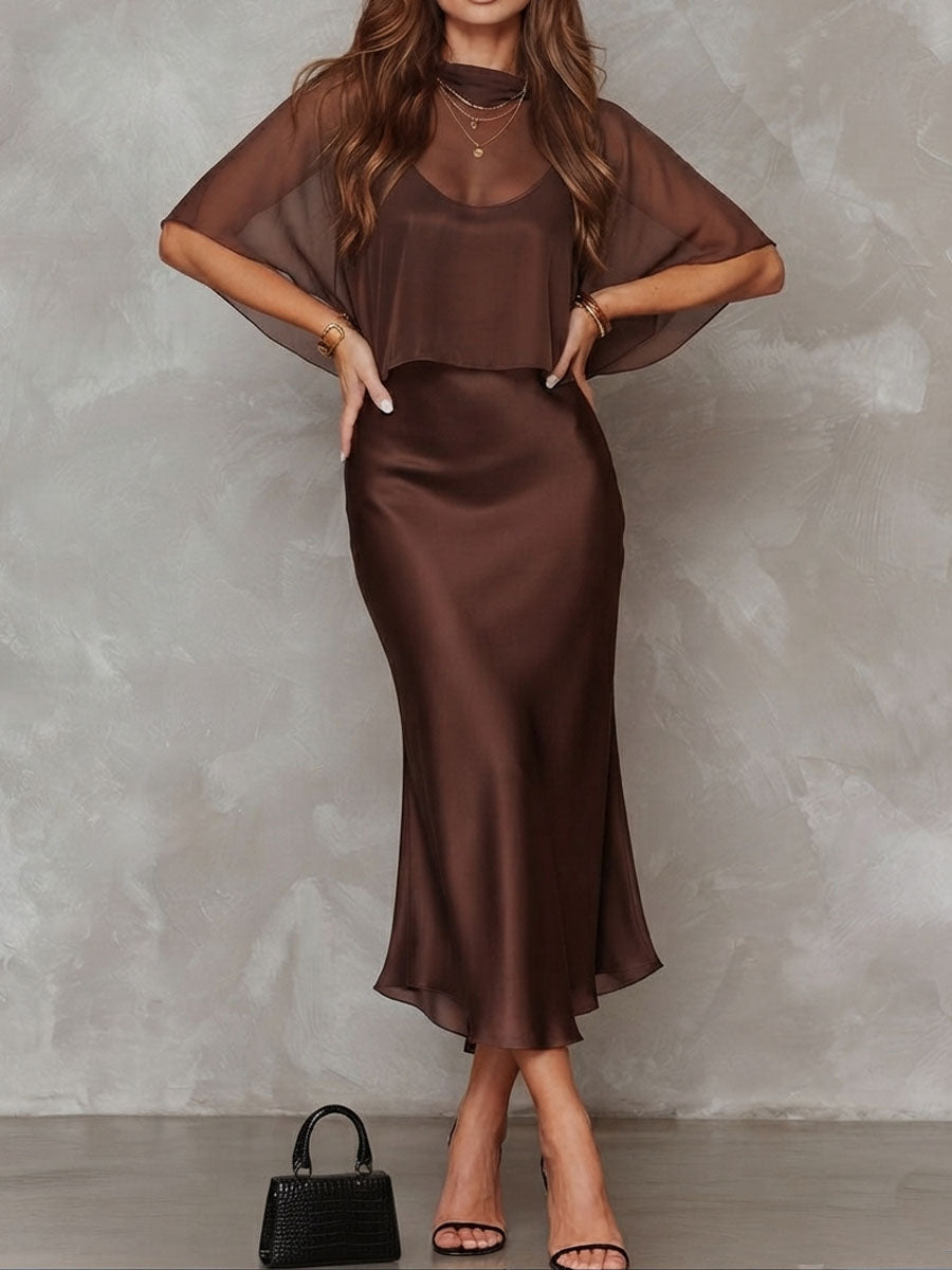 Retro Elegant Chocolate Brown Sheer Chiffon Overlay &amp; Satin Midi Dress Set