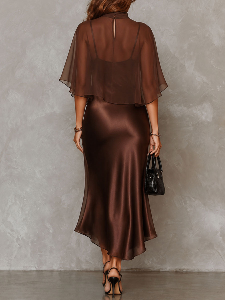 Retro Elegant Chocolate Brown Sheer Chiffon Overlay &amp; Satin Midi Dress Set