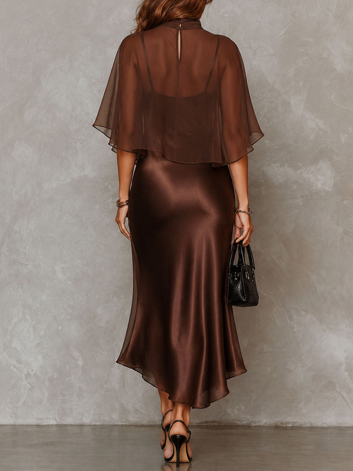 Retro Elegant Chocolate Brown Sheer Chiffon Overlay &amp; Satin Midi Dress Set