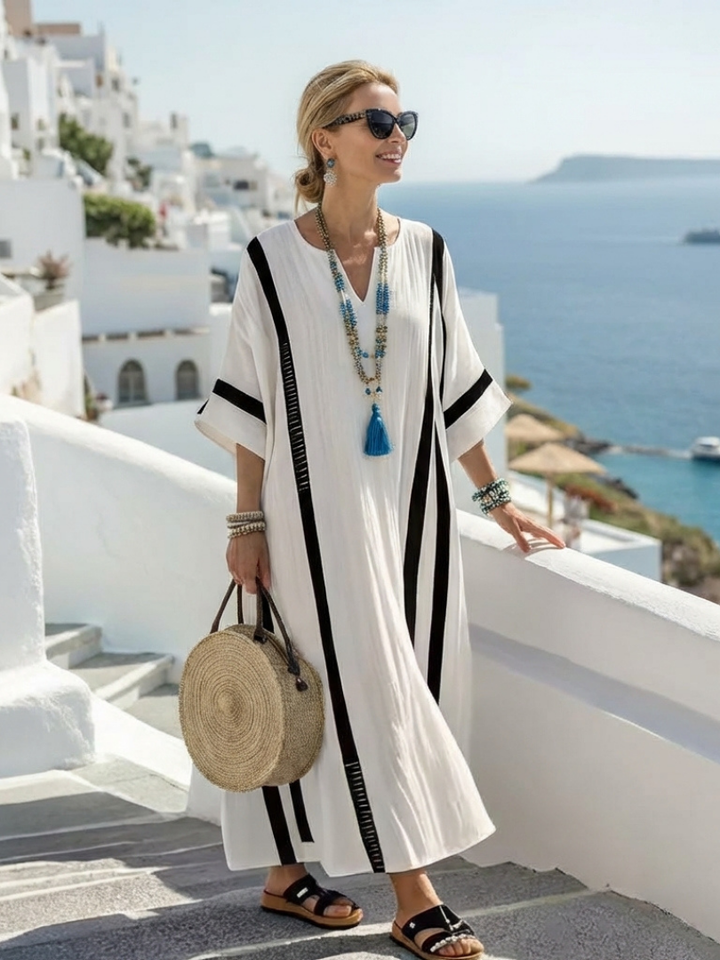 Elvienne™ | Short Sleeve Color Block Striped Maxi Dress