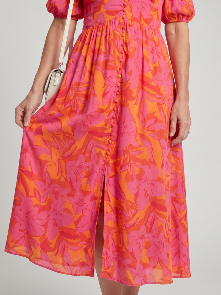 Zarelle™ | Puff Sleeve V Neck Bold Floral Print Midi Dress