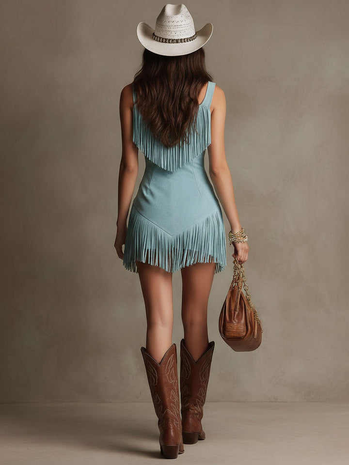Western Retro Light Blue Faux Suede Sleeveless Tassel Mini Dress