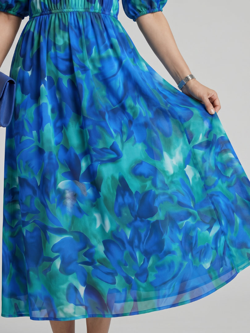 Candlia™ | Puff Sleeve V Neck Abstract Print Midi Dress