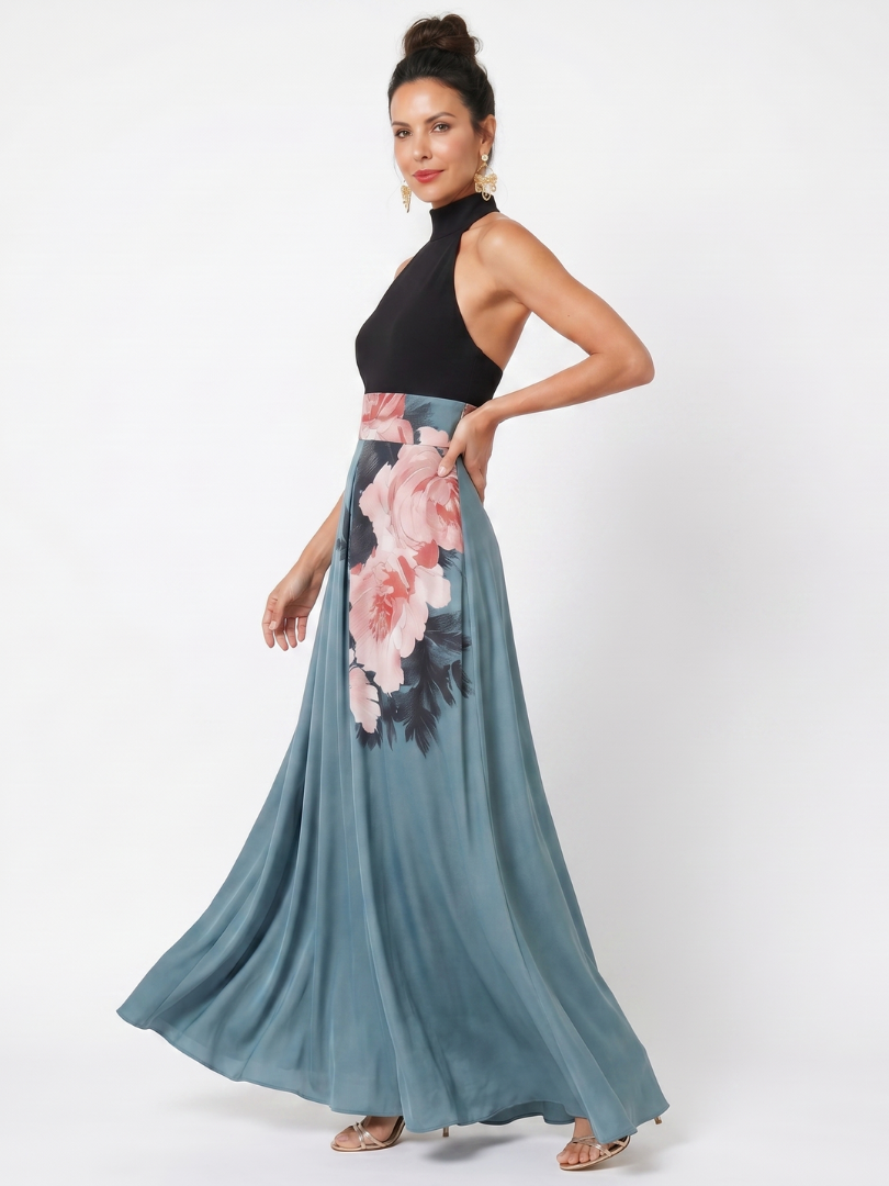 Olympas™ | Halter Bodice Floral Skirt Maxi Dress