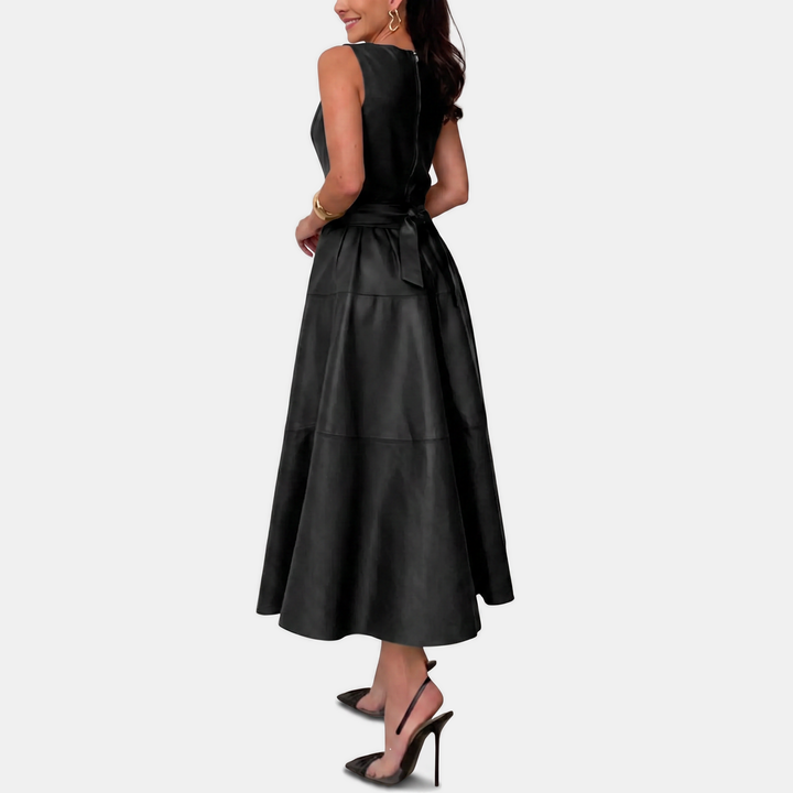 Faux Leather Belted Midi Dress