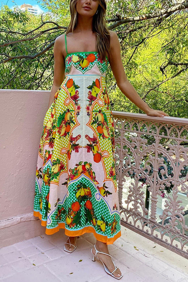 Cotton and Linen Strap Fruit Print Sleeveless Swing Dress