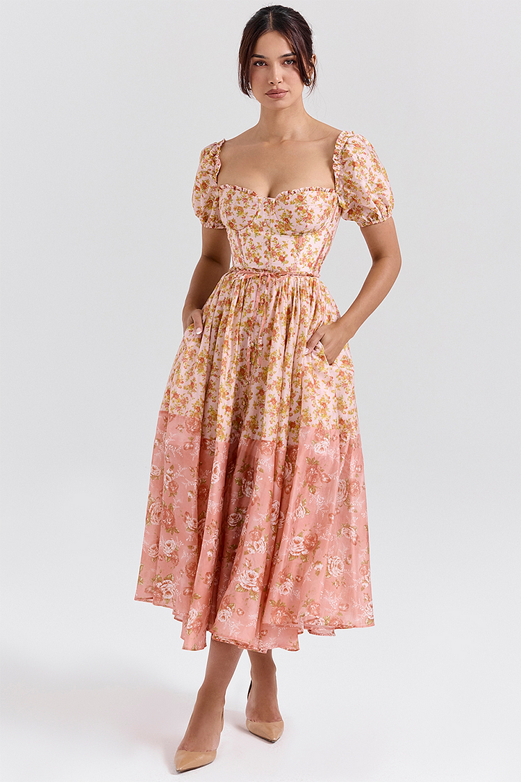 Floral Print Puff Sleeve Cinch Waist Colorblock Midi Dresses