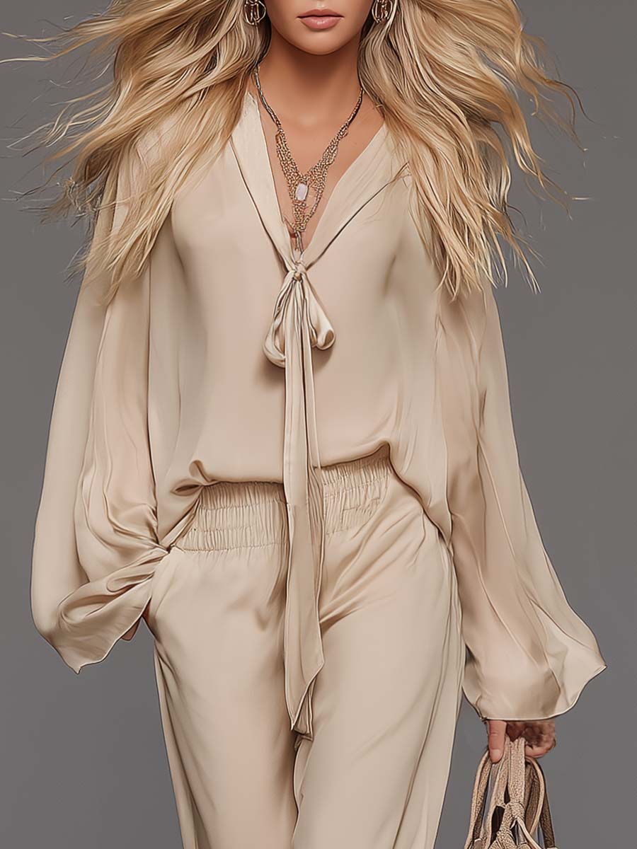 Beige Chiffon Blouse &amp; Pants Set