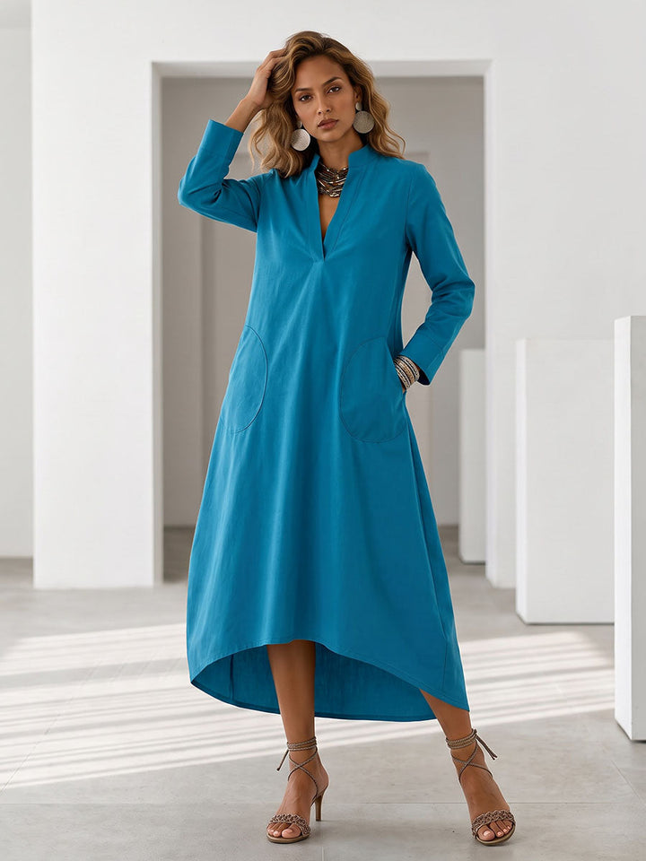 V-Neck Pocket Midi Dress