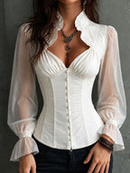 Retro Romantic White Sheer Sleeve Corset Blouse Ruffled Collar