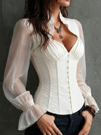 Retro Romantic White Sheer Sleeve Corset Blouse Ruffled Collar