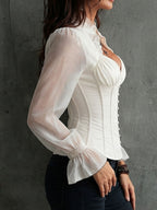 Retro Romantic White Sheer Sleeve Corset Blouse Ruffled Collar