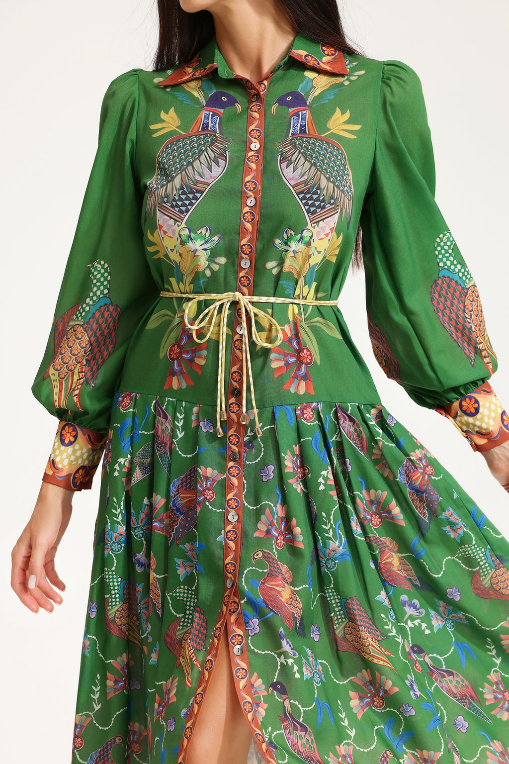 Lapel Lantern Sleeve Printed Large Hemline Long Dress
