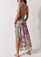 Green Lace Backless Slit Printed Long Dress