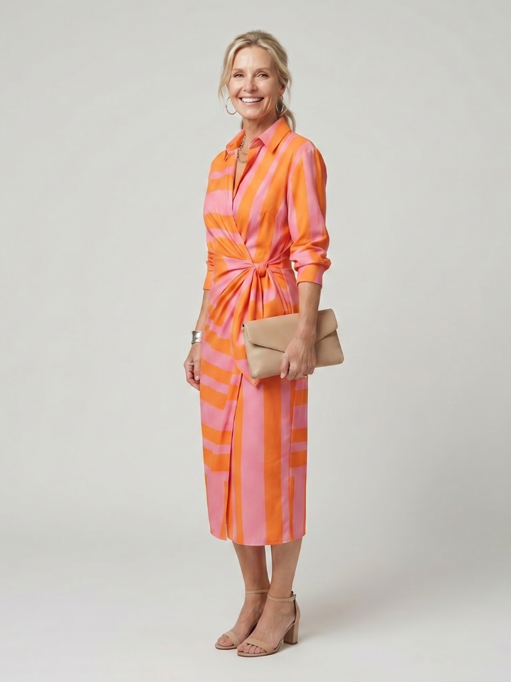 Leya™ | Long Sleeve Collared Wrap Stripe Pattern Midi Dress