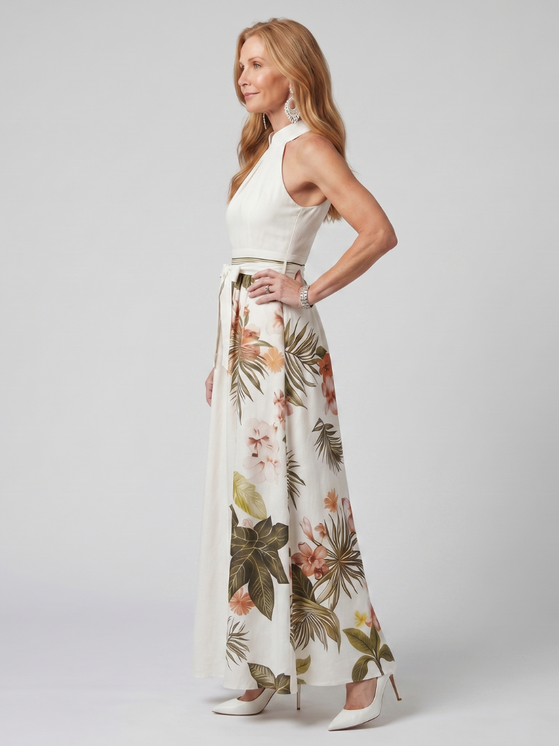 Meadow™ | Draped Halter Botanical Panel Maxi Dress