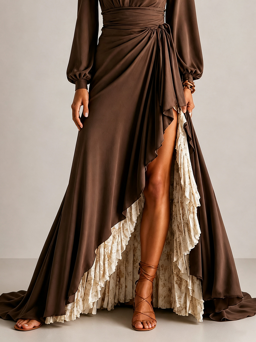 Wrap V Neck Lantern Sleeve Two-Layer Ruffle Slit Maxi Formal Dress