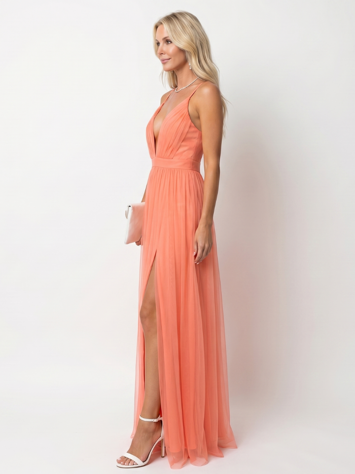 Tia™ | Deep V Strap Pleated Maxi Dress
